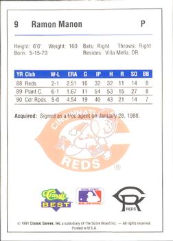 1991 Classic Best Cedar Rapids Reds #9 Ramon Manon Back
