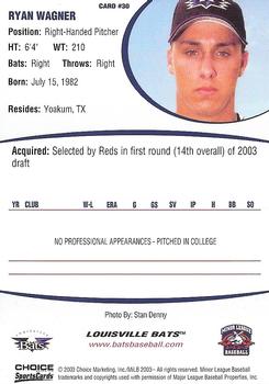 2003 Choice Louisville Bats #30 Ryan Wagner Back