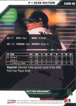 2007 Choice Dayton Dragons #6 Sean Watson Back