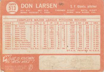 1964 Topps #513 Don Larsen Back
