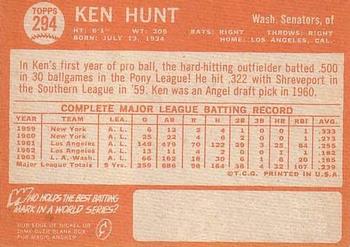 1964 Topps #294 Ken Hunt Back