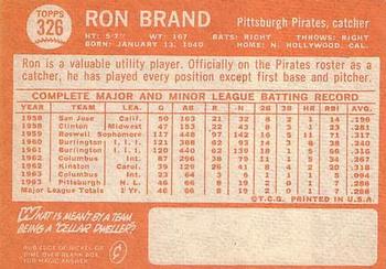 1964 Topps #326 Ron Brand Back