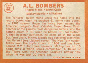 1964 Topps #331 A.L. Bombers (Roger Maris / Norm Cash / Mickey Mantle / Al Kaline) Back