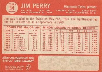 1964 Topps #34 Jim Perry Back