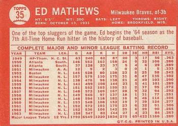 1964 Topps #35 Ed Mathews Back