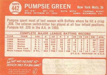 1964 Topps #442 Pumpsie Green Back