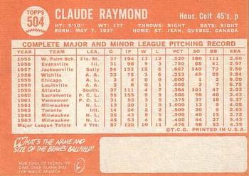 1964 Topps #504 Claude Raymond Back