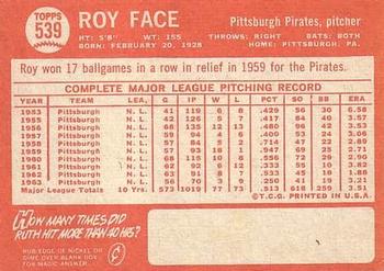 1964 Topps #539 Roy Face Back