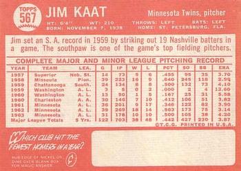 1964 Topps #567 Jim Kaat Back