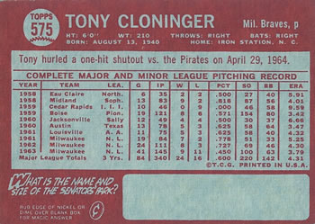 1964 Topps #575 Tony Cloninger Back