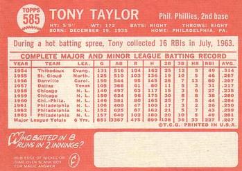 1964 Topps #585 Tony Taylor Back