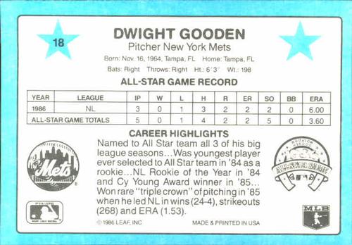 1987 Donruss All-Stars #18 Dwight Gooden Back