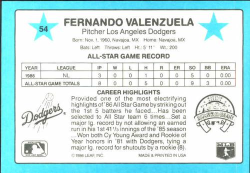 1987 Donruss All-Stars #54 Fernando Valenzuela Back