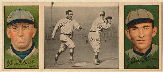 1912 Hassan Triple Folders T202 #NNO Donlin Out at First (Tommy Leach / Chief Wilson) Front