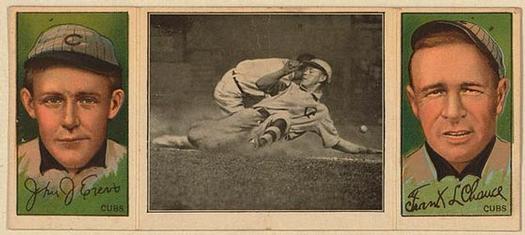 1912 Hassan Triple Folders T202 #NNO Evers Makes a Safe Slide (Frank Chance / Johnny Evers) Front