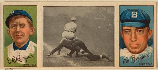1912 Hassan Triple Folders T202 #NNO Scrambling Back to First (Cy Barger / Bill Bergen) Front