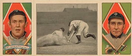 1912 Hassan Triple Folders T202 #NNO Davy Jones Great Slide (Jim Delahanty / Davy Jones) Front