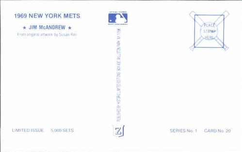 1989 Historic Limited Editions 1969 New York Mets Postcards #20 Jim McAndrew Back
