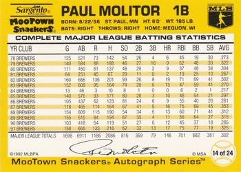 1992 MooTown Snackers #14 Paul Molitor Back