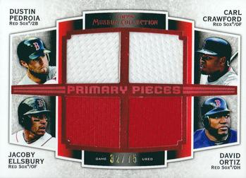 2012 Topps Museum Collection - Primary Pieces 4-Player Quad Relics #PPFQR-PCEO Dustin Pedroia / Carl Crawford / Jacoby Ellsbury / David Ortiz Front