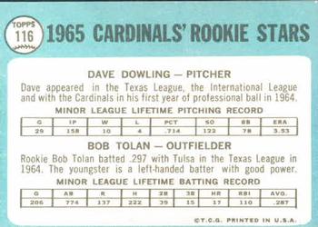 1965 Topps #116 Cards 1965 Rookie Stars (Dave Dowling / Bob Tolan) Back