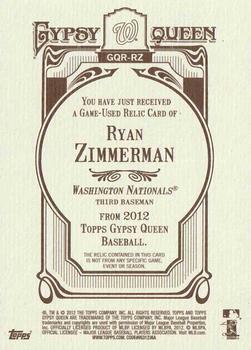 2012 Topps Gypsy Queen - Relics #GQR-RZ Ryan Zimmerman  Back