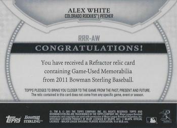 2011 Bowman Sterling - Rookie Relics #RRR-AW Alex White Back