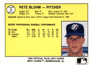 1990 Best Knoxville Blue Jays #3 Pete Blohm  Back