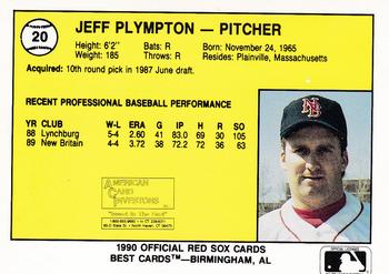 1990 Best New Britain Red Sox #20 Jeff Plympton  Back