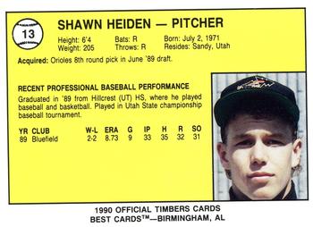 1990 Best Wausau Timbers #13 Shawn Heiden  Back