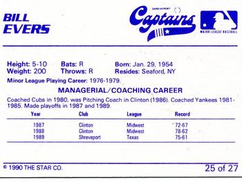 1990 Star Shreveport Captains #25 Bill Evers Back
