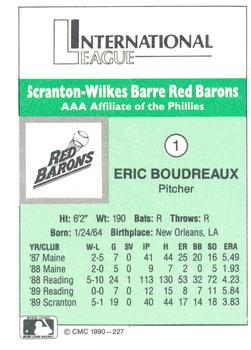1990 CMC Scranton-Wilkes Barre Red Barons #1 Eric Boudreaux Back