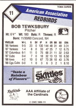 1989 CMC Louisville Redbirds #11 Bob Tewksbury  Back