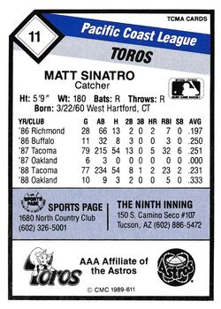 1989 CMC Tucson Toros #11 Matt Sinatro  Back