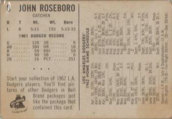 1962 Bell Brand Los Angeles Dodgers #8 John Roseboro Back