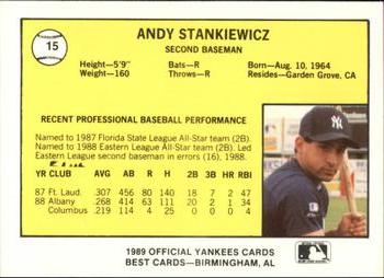 1989 Best Albany-Colonie Yankees #15 Andy Stankiewicz  Back