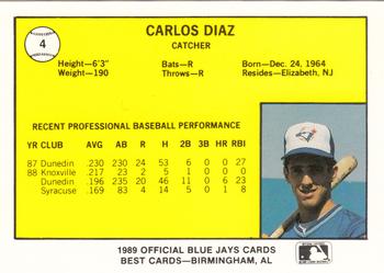 1989 Best Knoxville Blue Jays #4 Carlos Diaz  Back