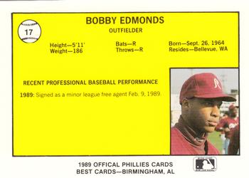 1989 Best Reading Phillies #17 Bobby Joe Edmonds  Back