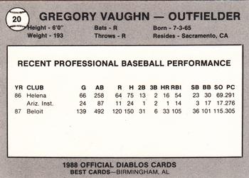 1988 Best El Paso Diablos #20 Greg Vaughn Back
