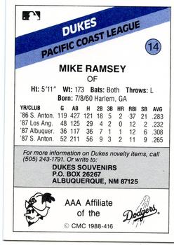 1988 CMC Albuquerque Dukes #14 Mike Ramsey Back