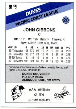 1988 CMC Albuquerque Dukes #20 John Gibbons Back