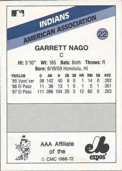 1988 CMC Indianapolis Indians #22 Garrett Nago Back