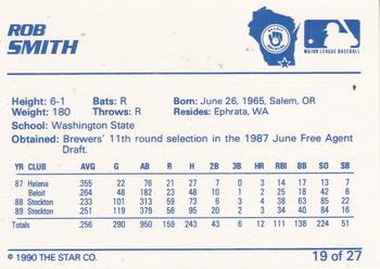 1990 Star Beloit Brewers #19 Rob Smith Back