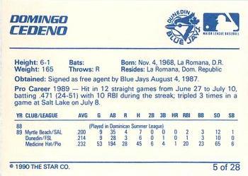 1990 Star Dunedin Blue Jays #5 Domingo Cedeno Back