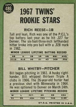 1967 Topps #486 Twins 1967 Rookie Stars (Rich Reese / Bill Whitby) Back