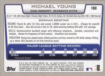 2012 Bowman #180 Michael Young Back