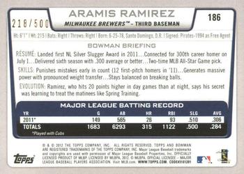 2012 Bowman - Blue #186 Aramis Ramirez Back