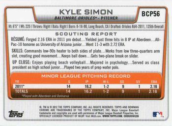 2012 Bowman - Chrome Prospects #BCP56 Kyle Simon Back