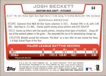 2012 Bowman - Gold #64 Josh Beckett Back