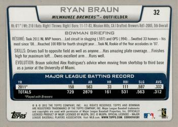 2012 Bowman - International #32 Ryan Braun Back